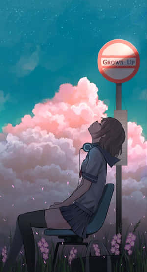 穿著校服的女孩坐在「Grown Up」標誌下，看著粉紅色的雲朵和星星。 — 可愛動漫女仔 壁紙