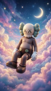 KAWS 角色在夢幻的天空中漂浮，伴隨著雲朵、月亮和星星