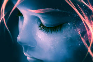 女性臉部特寫，閉上的眼睛內有星星，粉紅色頭髮發光。
