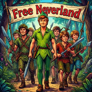 一群年輕冒險家手持『Free Neverland』橫幅穿過叢林。 — Motorola Razr 2026 壁紙