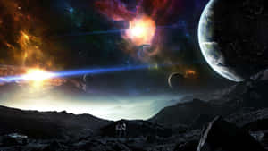 兩個人在岩石行星上觀看色彩繽紛的星雲和遙遠的世界。