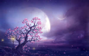 夜晚，櫻花樹在發光的月亮和彎月下。 — 夜空 壁紙