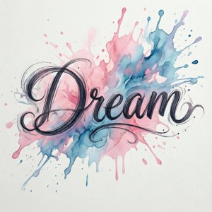 「Dream」這個詞以流暢的黑色字體書寫，周圍環繞著粉紅色和藍色的水彩潑濺。