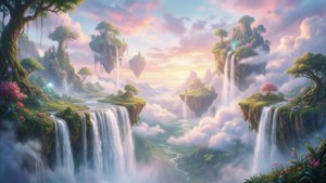 在粉彩天空中的浮島，有瀑布和樹木。 — 夢境 GIF 壁紙