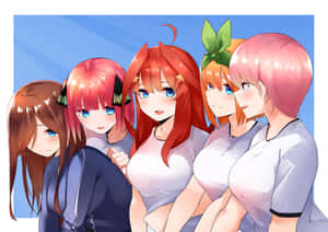五位動畫女孩，擁有色彩繽紛的頭髮和藍色眼睛，穿著休閒襯衫一起擺姿勢。