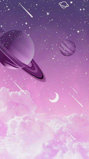 紫色和粉紅色的宇宙天空，有行星、星星和雲彩。 — 銀河 壁紙