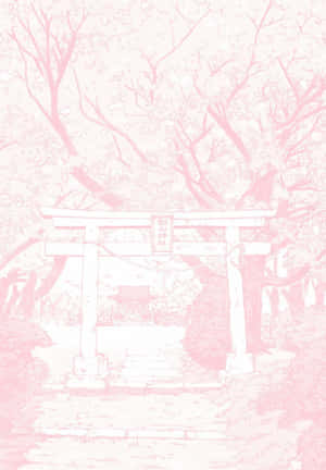 粉紅色插圖中的鳥居，位於櫻花下，通往神社。 — 粉紅動漫美學 壁紙