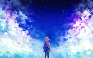 粉紅色頭髮的動漫女孩仰望有彩色雲朵的星空。 — 粉紅動漫美學 壁紙