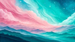 粉紅色和藍綠色的極光在層疊的山巒上空盤旋，星空璀璨。 — 插畫 壁紙