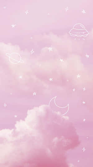 粉紅色的天空，有蓬鬆的雲朵和星星、月亮、UFO的白色線條畫。 — 唯美雲朵動態 壁紙