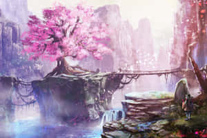 一位旅行者在神秘的峽谷中欣賞一棵粉紅色的櫻花樹，峽谷中有繩橋和瀑布。