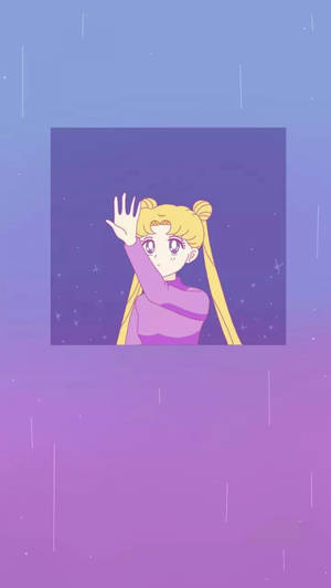 動漫女孩在雨夜中，在繁星點點的紫色天空下從窗戶揮手。 — 深紫色美學 GIF 壁紙