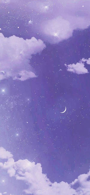 紫色夜空，有星星、雲朵和新月