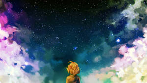金髮動漫角色仰望帶有星雲的彩色星空。 — 夜空 壁紙