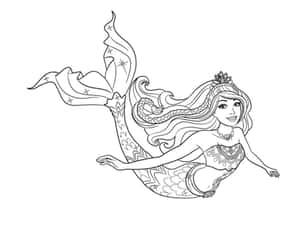 一條辮子頭髮和帶有圖案尾巴的美人魚，黑白線條藝術。