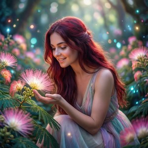 紅髮女性在魔法森林中觸碰發光的粉紅色花朵。