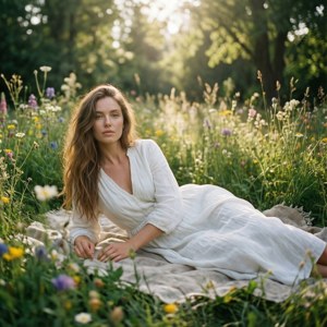 身穿白色連衣裙的女性在陽光明媚的野花草地上休息