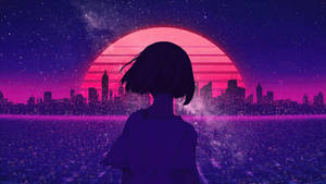 動漫女孩在星空下觀看閃耀城市天際線上的粉紅色日落。