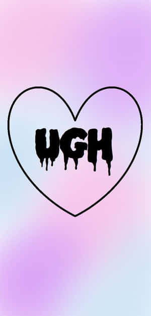 在粉彩漸變背景上，黑色心形輪廓帶有滴落的「UGH」文字。