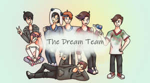 動漫角色以群體姿勢擺拍，一人躺下，標示為「The Dream Team」。