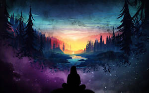 一個人在星空森林中暮色時分冥想，旁邊有一條發光的河流。 — 桌面美學 壁紙