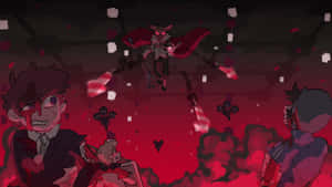 角色們感到恐懼，一個穿著紅色斗篷的魔鬼在紅色調的場景中盤旋在他們上方。