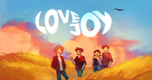 四個微笑的朋友在金色田野上，日落天空下，上方閃耀著「LOVE & JOY」。