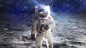 太空人在月球表面，頭盔反射出星星和地球。