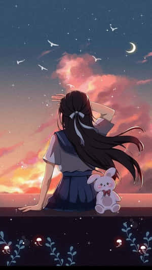 穿著校服的女孩與毛絨兔子在黃昏時觀看星星和月亮。 — 可愛動漫女仔 壁紙