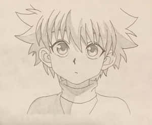 動漫男孩肖像，尖刺頭髮和大眼睛，用鉛筆繪製。
