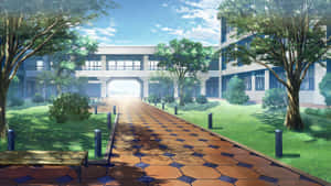 動漫學校庭院，有瓷磚小徑和樹木，陽光燦爛。