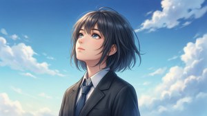 穿著校服的動漫女孩仰望藍天白雲