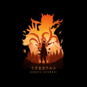 漩渦鳴人剪影在熾熱的夕陽森林中面對一隻巨大的狐狸 — 火影忍者 壁紙