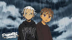 兩個動畫男孩站在暴風雨中，雨水落在他們周圍。