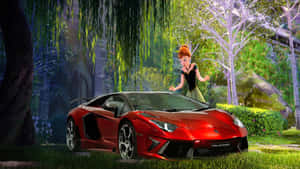 一輛紅色跑車停泊在魔法森林中，旁邊站着一位公主。