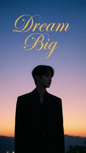 穿黑色外套的男人剪影映襯日落天空，帶有'Dream Big'文字