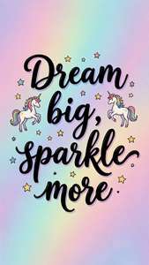 勵志名言 dream big sparkle more 搭配獨角獸和星星在彩虹背景上