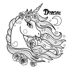 一個獨角獸頭部，帶有玫瑰、星星和彎月，以及「夢想」一詞