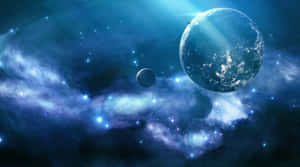 星空宇宙星雲中的藍色行星和衛星。