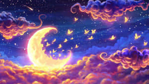 一彎新月，鳥兒在其周圍飛翔，在色彩繽紛的夜空和雲彩中。
