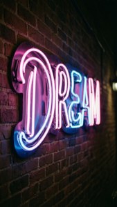 霓虹燈牌，在磚牆上以粉紅色和藍色顯示dream一詞