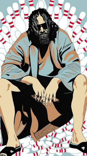 一位有紋身、戴太陽眼鏡的男人坐在保齡球瓶之間，手持一個球。