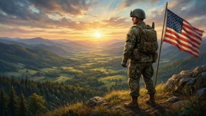 穿制服的士兵在日出時於山頂觀景台手持美國國旗