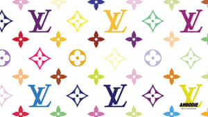 色彩繽紛的路易威登字母組合和花卉圖案壁紙。