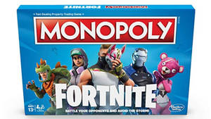 Fortnite大富翁棋盤遊戲盒，內有五個遊戲角色。