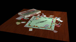 Monopoly桌上遊戲，木桌上有金錢卡和骰子。
