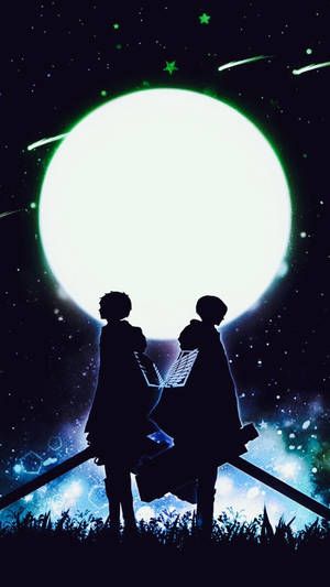兩個動漫角色以剪影形式背對背站在發光的月亮和流星下。