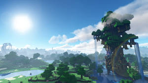 一個Minecraft景觀，有巨樹、瀑布和燦爛陽光下的彩虹。