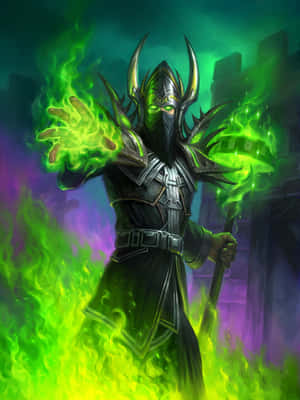 暗黑盔甲戰士在神秘地牢中釋放綠色魔法火焰。