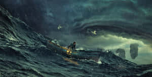 小船上的水手在暴風雨中與浮島和海鷗一起對抗洶湧的大海。
